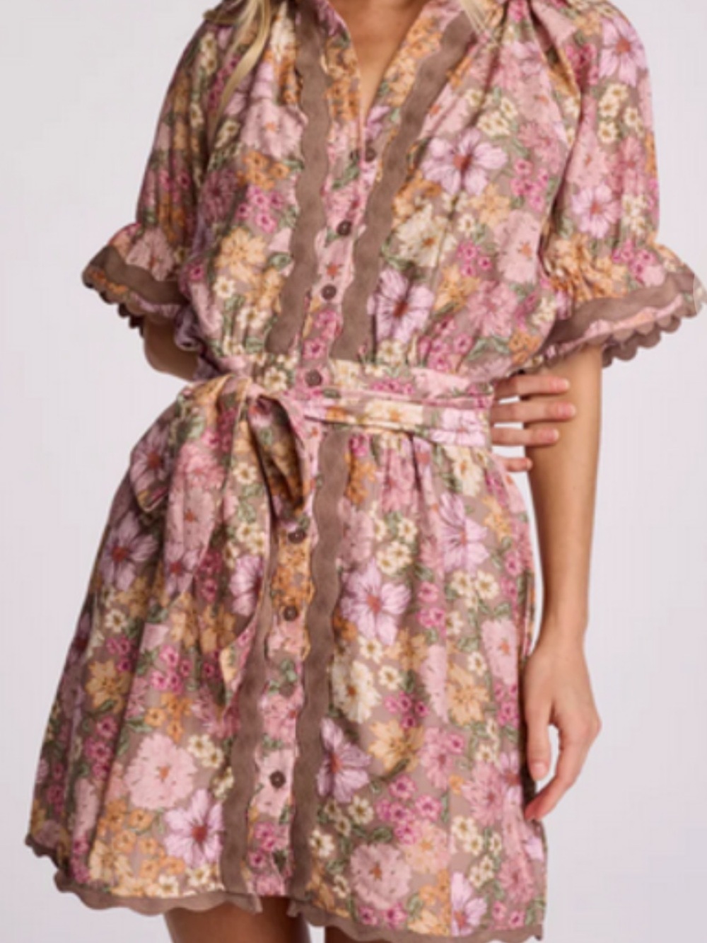 Anthropologie X Sunday Evelyn Short sleeve floral mini dress with belt sz S